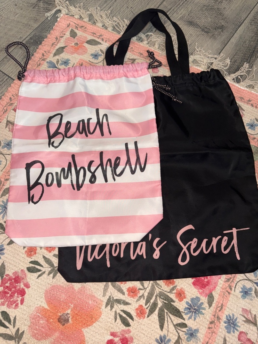 Victoria's Secret Pink & White Striped Beach Bombshell Drawstring Bag Set